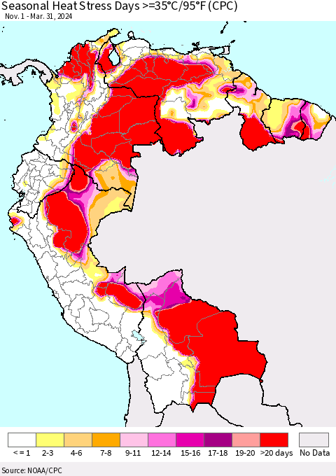 Northern South America Seasonal Heat Stress Days >=35°C/95°F (CPC) Thematic Map For 11/1/2023 - 3/31/2024
