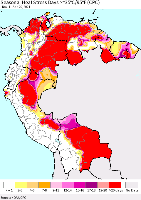 Northern South America Seasonal Heat Stress Days >=35°C/95°F (CPC) Thematic Map For 11/1/2023 - 4/20/2024