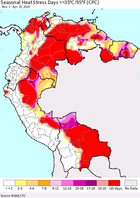 Northern South America Seasonal Heat Stress Days >=35°C/95°F (CPC) Thematic Map For 11/1/2023 - 4/30/2024