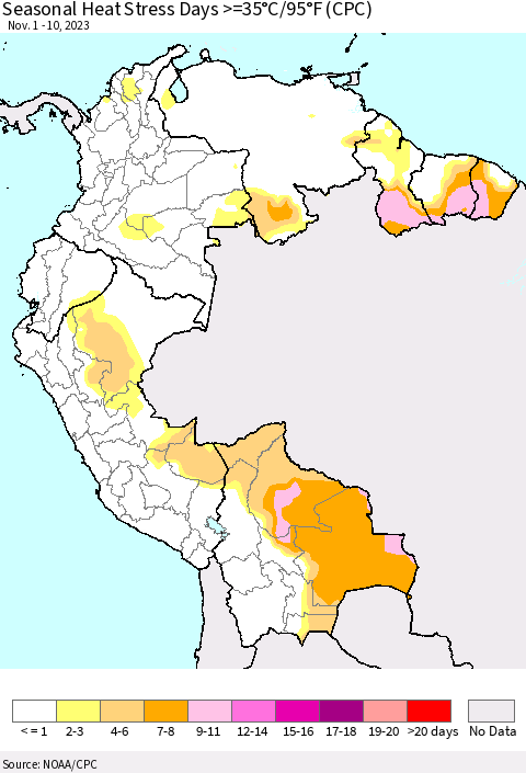 Northern South America Seasonal Heat Stress Days >=35°C/95°F (CPC) Thematic Map For 11/1/2023 - 11/10/2023
