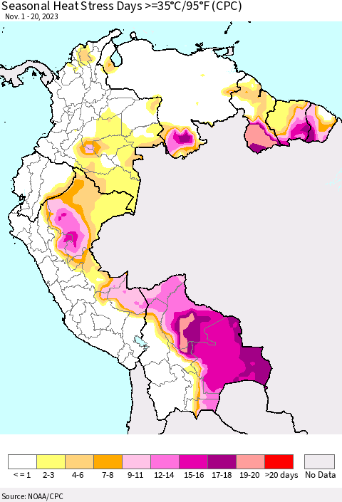 Northern South America Seasonal Heat Stress Days >=35°C/95°F (CPC) Thematic Map For 11/1/2023 - 11/20/2023