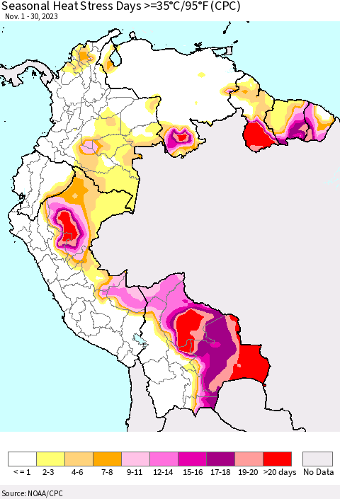 Northern South America Seasonal Heat Stress Days >=35°C/95°F (CPC) Thematic Map For 11/1/2023 - 11/30/2023