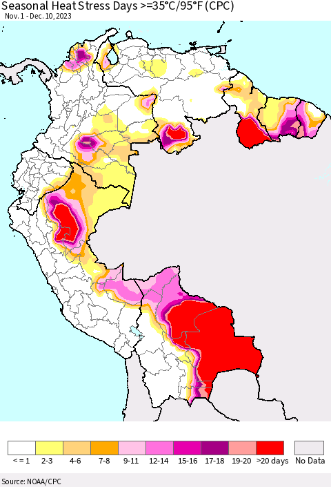 Northern South America Seasonal Heat Stress Days >=35°C/95°F (CPC) Thematic Map For 11/1/2023 - 12/10/2023
