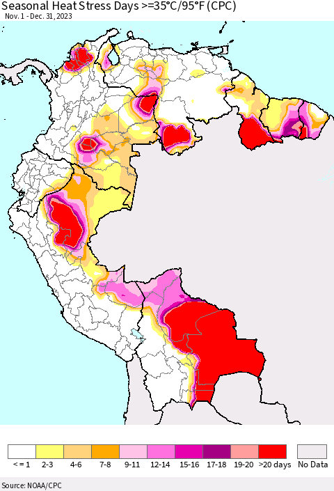 Northern South America Seasonal Heat Stress Days >=35°C/95°F (CPC) Thematic Map For 11/1/2023 - 12/31/2023