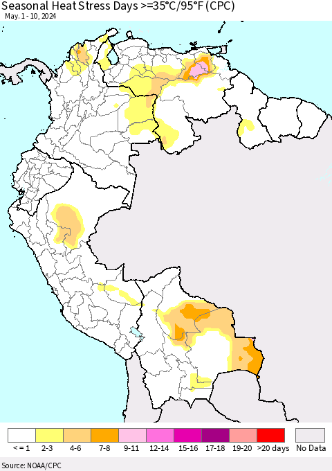 Northern South America Seasonal Heat Stress Days >=35°C/95°F (CPC) Thematic Map For 5/1/2024 - 5/10/2024