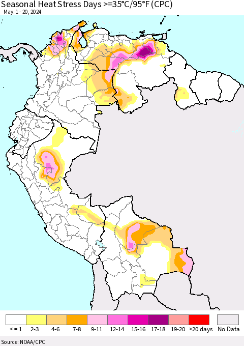 Northern South America Seasonal Heat Stress Days >=35°C/95°F (CPC) Thematic Map For 5/1/2024 - 5/20/2024