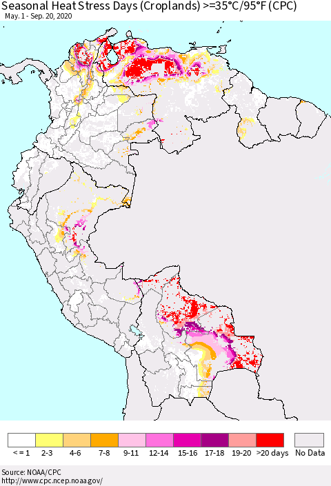 Northern South America Seasonal Heat Stress Days (Croplands) >=35°C/95°F (CPC) Thematic Map For 5/1/2020 - 9/20/2020