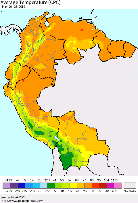 Northern South America Average Temperature (CPC) Thematic Map For 5/20/2019 - 5/26/2019