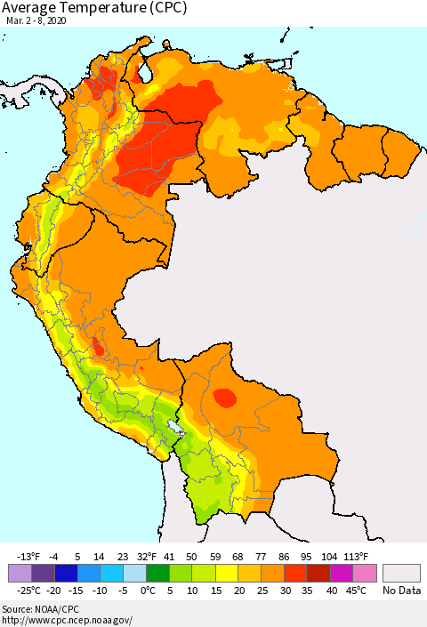 Northern South America Average Temperature (CPC) Thematic Map For 3/2/2020 - 3/8/2020
