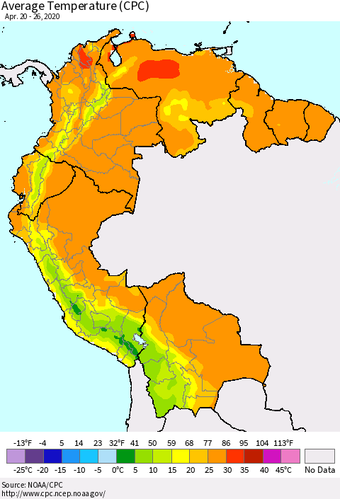 Northern South America Average Temperature (CPC) Thematic Map For 4/20/2020 - 4/26/2020
