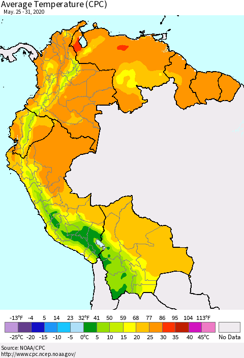Northern South America Average Temperature (CPC) Thematic Map For 5/25/2020 - 5/31/2020