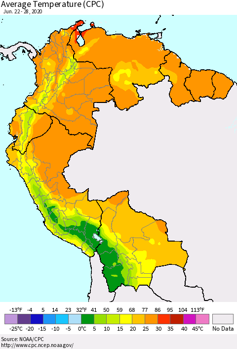 Northern South America Average Temperature (CPC) Thematic Map For 6/22/2020 - 6/28/2020