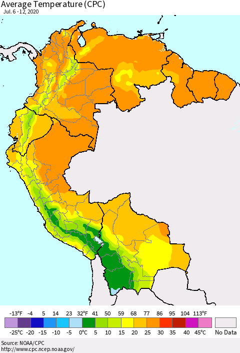Northern South America Average Temperature (CPC) Thematic Map For 7/6/2020 - 7/12/2020