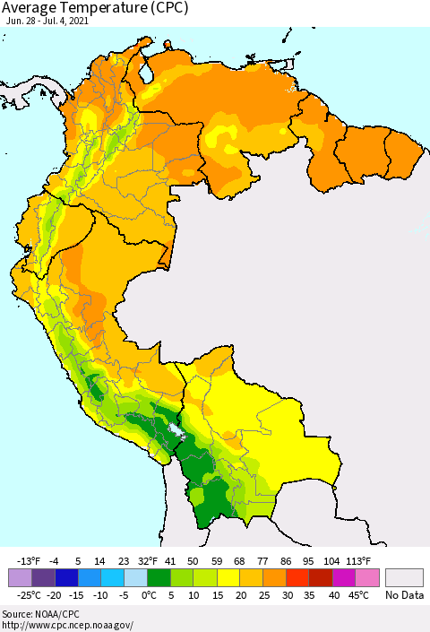 Northern South America Average Temperature (CPC) Thematic Map For 6/28/2021 - 7/4/2021
