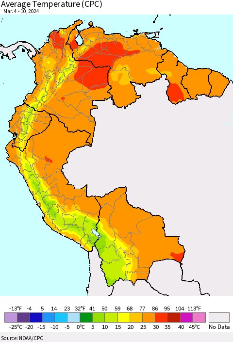 Northern South America Average Temperature (CPC) Thematic Map For 3/4/2024 - 3/10/2024