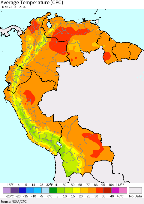 Northern South America Average Temperature (CPC) Thematic Map For 3/25/2024 - 3/31/2024