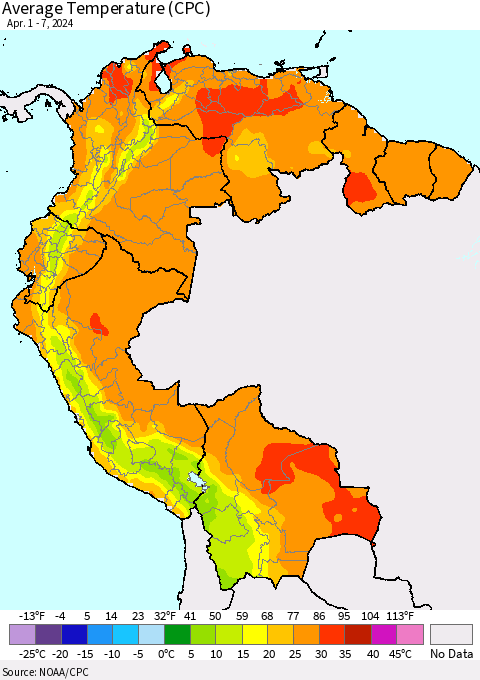 Northern South America Average Temperature (CPC) Thematic Map For 4/1/2024 - 4/7/2024