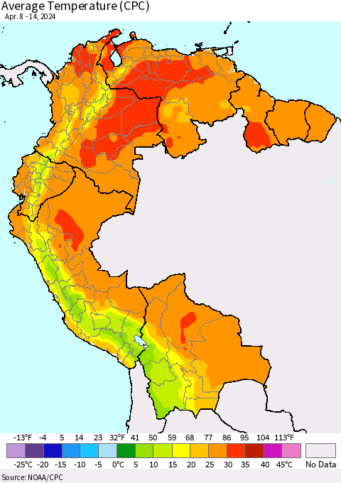 Northern South America Average Temperature (CPC) Thematic Map For 4/8/2024 - 4/14/2024