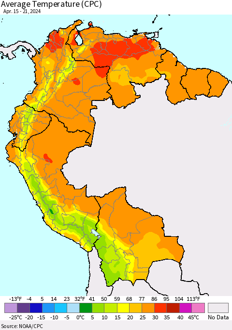 Northern South America Average Temperature (CPC) Thematic Map For 4/15/2024 - 4/21/2024
