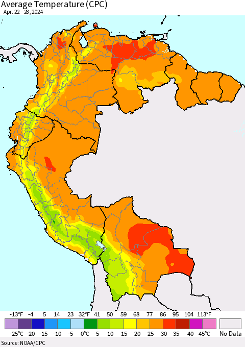 Northern South America Average Temperature (CPC) Thematic Map For 4/22/2024 - 4/28/2024