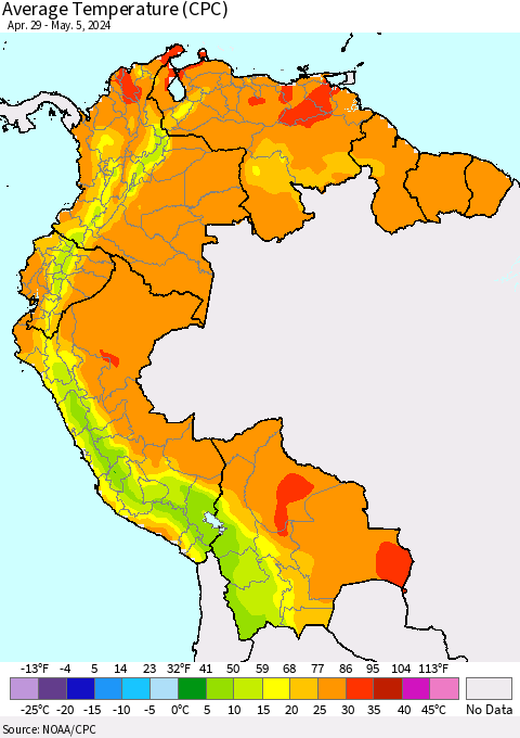 Northern South America Average Temperature (CPC) Thematic Map For 4/29/2024 - 5/5/2024