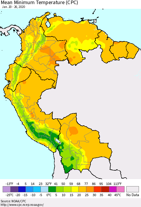 Northern South America Mean Minimum Temperature (CPC) Thematic Map For 1/20/2020 - 1/26/2020