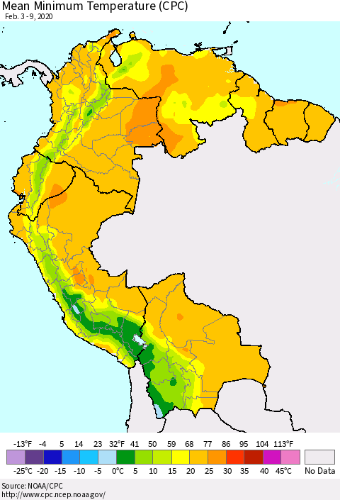 Northern South America Minimum Temperature (CPC) Thematic Map For 2/3/2020 - 2/9/2020