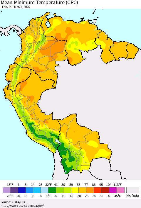 Northern South America Minimum Temperature (CPC) Thematic Map For 2/24/2020 - 3/1/2020