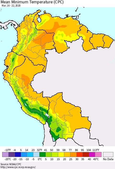 Northern South America Minimum Temperature (CPC) Thematic Map For 3/16/2020 - 3/22/2020