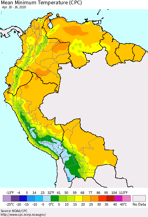 Northern South America Minimum Temperature (CPC) Thematic Map For 4/20/2020 - 4/26/2020