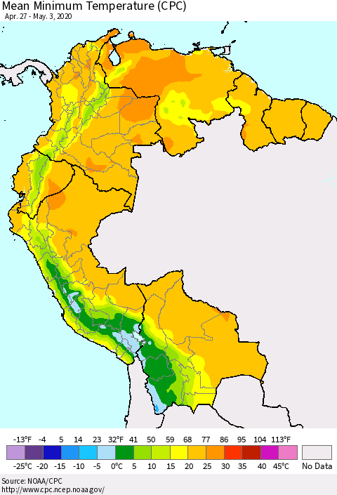 Northern South America Minimum Temperature (CPC) Thematic Map For 4/27/2020 - 5/3/2020
