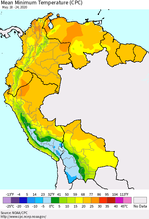 Northern South America Minimum Temperature (CPC) Thematic Map For 5/18/2020 - 5/24/2020