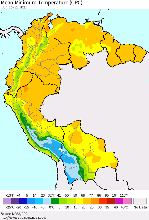 Northern South America Minimum Temperature (CPC) Thematic Map For 6/15/2020 - 6/21/2020