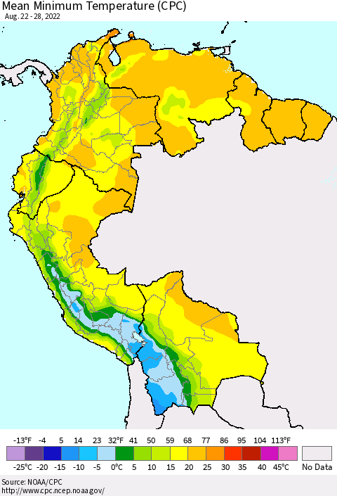 Northern South America Mean Minimum Temperature (CPC) Thematic Map For 8/22/2022 - 8/28/2022