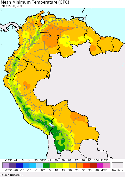 Northern South America Mean Minimum Temperature (CPC) Thematic Map For 3/25/2024 - 3/31/2024