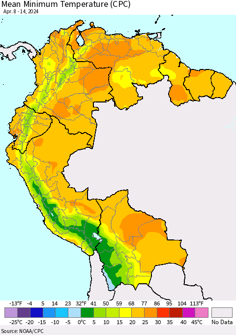Northern South America Mean Minimum Temperature (CPC) Thematic Map For 4/8/2024 - 4/14/2024