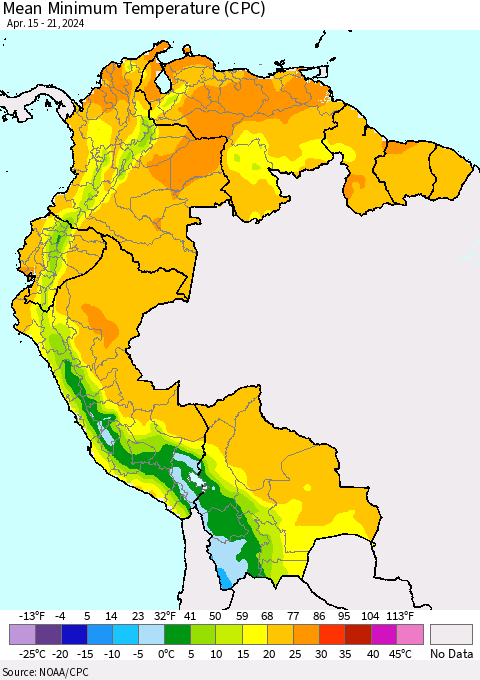Northern South America Mean Minimum Temperature (CPC) Thematic Map For 4/15/2024 - 4/21/2024