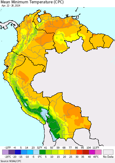 Northern South America Mean Minimum Temperature (CPC) Thematic Map For 4/22/2024 - 4/28/2024