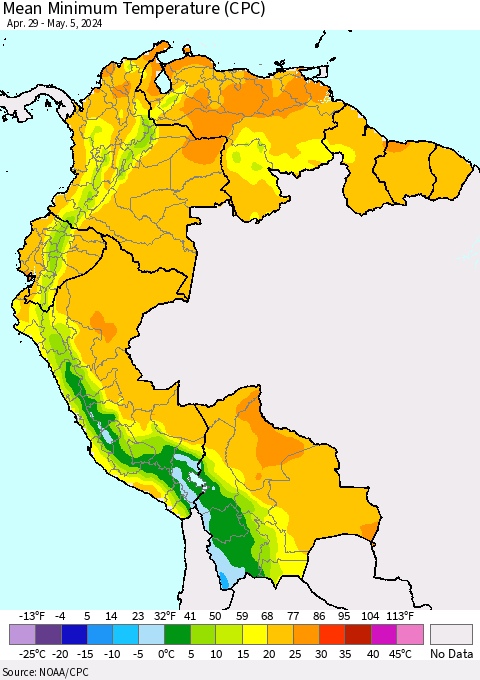 Northern South America Mean Minimum Temperature (CPC) Thematic Map For 4/29/2024 - 5/5/2024