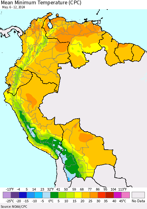 Northern South America Mean Minimum Temperature (CPC) Thematic Map For 5/6/2024 - 5/12/2024