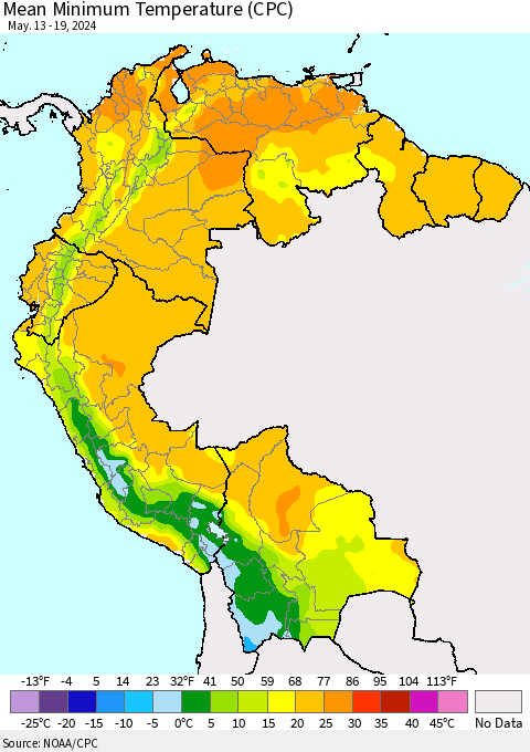 Northern South America Mean Minimum Temperature (CPC) Thematic Map For 5/13/2024 - 5/19/2024