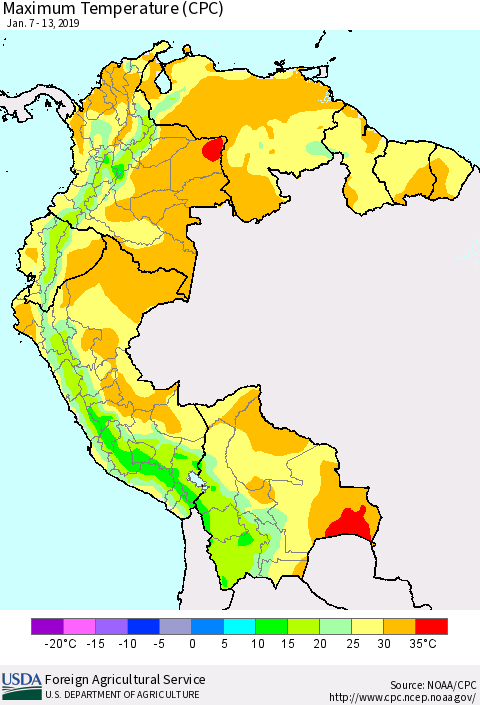 Northern South America Mean Maximum Temperature (CPC) Thematic Map For 1/7/2019 - 1/13/2019