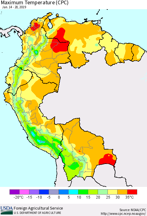 Northern South America Mean Maximum Temperature (CPC) Thematic Map For 1/14/2019 - 1/20/2019