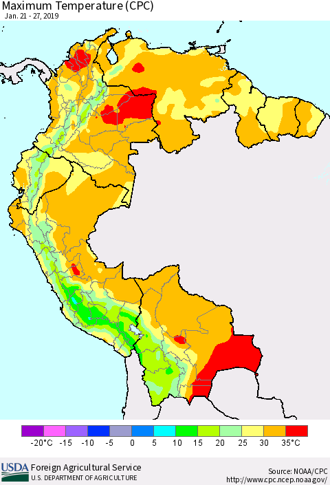 Northern South America Mean Maximum Temperature (CPC) Thematic Map For 1/21/2019 - 1/27/2019