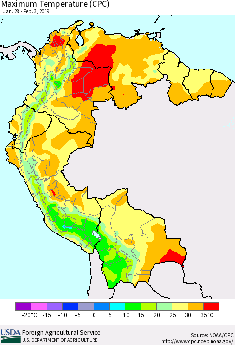 Northern South America Mean Maximum Temperature (CPC) Thematic Map For 1/28/2019 - 2/3/2019