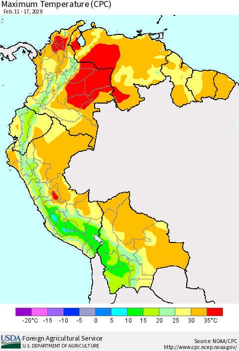 Northern South America Mean Maximum Temperature (CPC) Thematic Map For 2/11/2019 - 2/17/2019