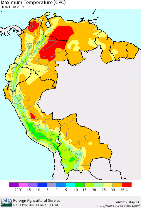 Northern South America Mean Maximum Temperature (CPC) Thematic Map For 3/4/2019 - 3/10/2019