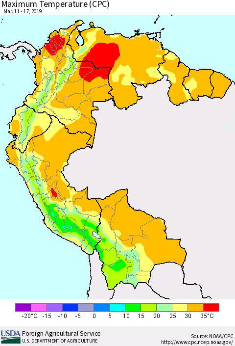 Northern South America Mean Maximum Temperature (CPC) Thematic Map For 3/11/2019 - 3/17/2019