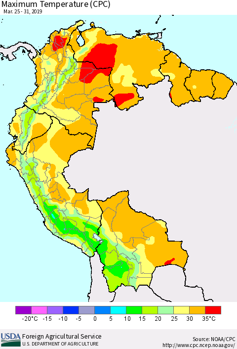 Northern South America Mean Maximum Temperature (CPC) Thematic Map For 3/25/2019 - 3/31/2019