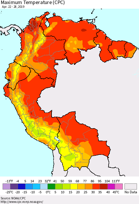 Northern South America Mean Maximum Temperature (CPC) Thematic Map For 4/22/2019 - 4/28/2019